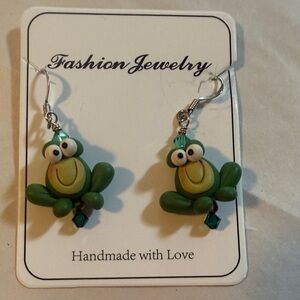Handmade Polymer Clay Froggy Dangle Earrings Green Beads Silver Tone Hooks